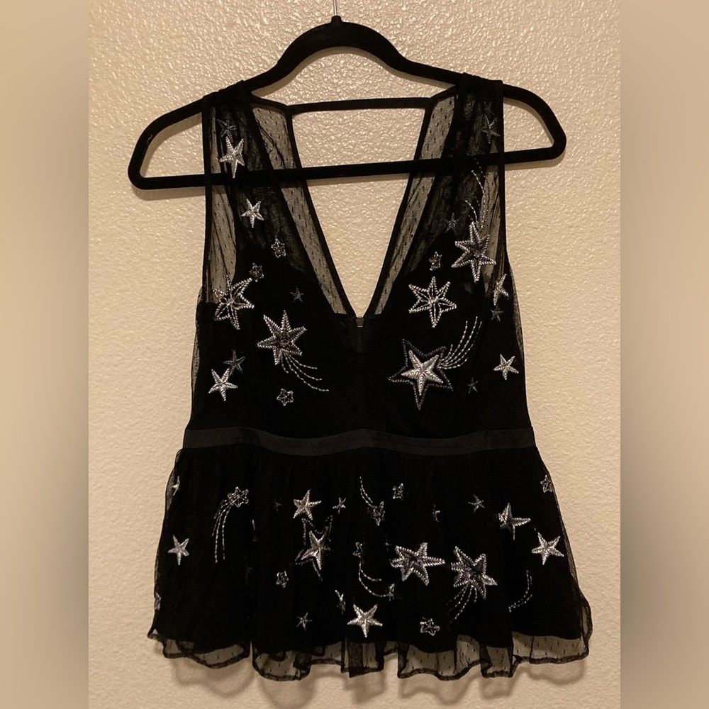 EXPRESS- Sheer Peplum Top - Shimmer Stars - Black V-Neck Blouse